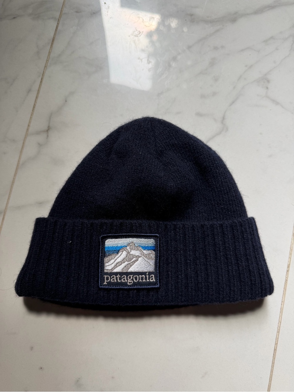Patagonia Dark Navy Ribbed Cuff Beanie with Mountain Patch